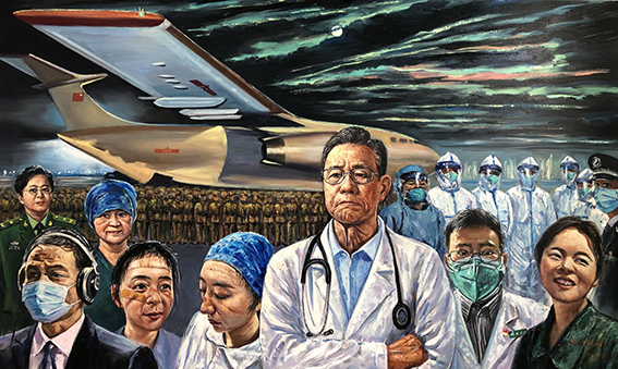 黄文佑《武汉战疫》  规格：214×128cm  2020年作
